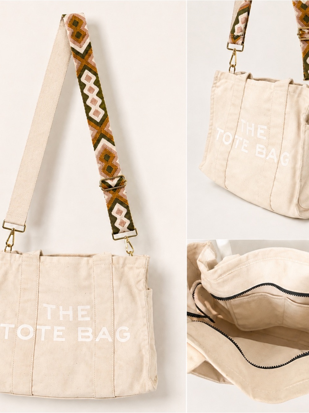 Canvas Tote Bag with Patterned Strap - Cream